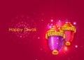 Decorated hanging lamp for Happy Diwali festival holiday celebration of India greeting background