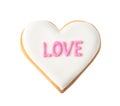Decorated heart shaped cookie with word LOVE on white background, top view. Royalty Free Stock Photo