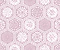 Decorated hexagon doily crochet patchwork seamless pattern background design. Embroidery vector illustration.