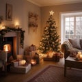 Decorated for holiday part of small living room with fireplace, lot of gifts and Christmas tree. Royalty Free Stock Photo