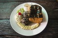 Decorated Honey and chocolate lava on Toast with vanilla ice cream and banana and whipped cream Royalty Free Stock Photo