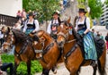 Decorated horse team at a parade in Garmisch-Partenkirchen, Garmisch-Partenkirchen, Germany - May 20. Royalty Free Stock Photo