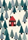 Decorated house in woods. House with red roof surrounded by trees and the decorated tree beside it. Merry Christmas.