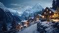 Decorated houses on Christmas in mountain village in winter at night Royalty Free Stock Photo