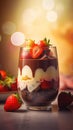 Layered vanilla and chocolate mousse with strawberries and a cozy blurred background Royalty Free Stock Photo