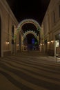 Decorated lighted shopping street of Land of Legends in Antalya