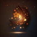 Decorated luminous crescent moon with small stars on a dark background. Lantern as a symbol of Ramadan for Muslims
