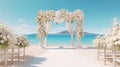 Decorated luxury wedding ceremony place at the beach white sand beautiful sea and sky with White empty chairs and arch decorated Royalty Free Stock Photo