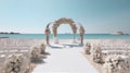 Decorated luxury wedding ceremony place at the beach white sand beautiful sea and sky with White empty chairs and arch decorated Royalty Free Stock Photo