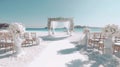 Decorated luxury wedding ceremony place at the beach white sand beautiful sea and sky with White empty chairs and arch decorated Royalty Free Stock Photo