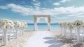 Decorated luxury wedding ceremony place at the beach white sand beautiful sea and sky with White empty chairs and arch decorated Royalty Free Stock Photo