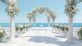 Decorated luxury wedding ceremony place at the beach white sand beautiful sea and sky with White empty chairs and arch decorated Royalty Free Stock Photo