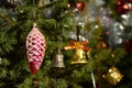 Decorated natural Christmas tree closeup. Greeting card Royalty Free Stock Photo