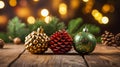 Decorated in New Year\'s style christmas tree toys in shape of cones, natural pine cones on wooden table.
