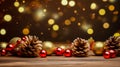 Decorated in New Year\'s style Christmas yellow and red balls, and natural pine cones on wooden table.