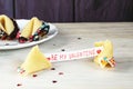 Decorated open fortune cookie with blank Royalty Free Stock Photo