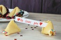 Decorated open fortune cookie with blank Royalty Free Stock Photo