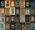 Decorated ornamental carved windows, frames on vintage wooden rural house. Russian traditional national folk style in