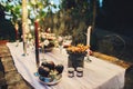 Decorated outdoor wedding table with flowers in rustic style