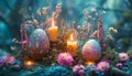 Decorated Pagan Altar with Painted Eggs and Lit Candles for Spring Equinox