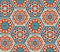 Decorated patterned hexagon tiles, seamless vector pattern, patchwork style