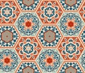 Decorated patterned hexagon tiles, seamless vector pattern, patchwork style