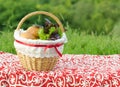 Decorated picnic basket with buns and bunch of basil and salad, green landscape