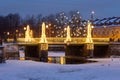 Decorated Pikalov Bridge on confluence of Griboedov and Kryukov Canals - the place is called Seven Bridges