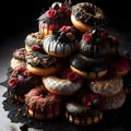 Decorated pile of donuts in dark red, black and gold with icing.