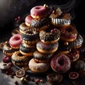 Decorated pile of donuts in dark red, black and gold with icing.