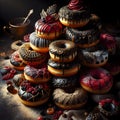 Decorated pile of donuts in dark red, black and gold with icing.