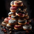 Decorated pile of donuts in dark red, black and gold with icing.