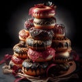 Decorated pile of donuts in dark red, black and gold with icing.