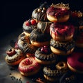 Decorated pile of donuts in dark red, black and gold with icing.