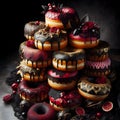 Decorated pile of donuts in dark red, black and gold with icing.