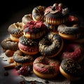 Decorated pile of donuts in dark red, black and gold with icing.