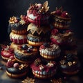 Decorated pile of donuts in dark red, black and gold with icing.