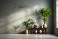 Decorated plants and flowers pots for bare cement and loft wall style. Home and hotel decoration idea design