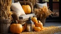 Decorated porch fall and autumn beautifully with pumpkins, gourds and seating - generative AI