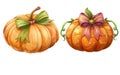 decorated pumpkin with bow on white background, vector illustration Royalty Free Stock Photo
