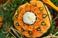 decorated pumpkin. carvings in a decorative pumpkin. Harvest festival. Craftsmanship