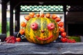 Decorated pumpkin, on a natural background. The concept of autumn, harvest harvest, halloween.