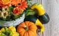 Colours. Wooden. Pumpkins. Table. Flowers. Fall. Deco