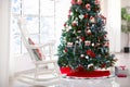 Decorated room with Christmas tree and fireplace Royalty Free Stock Photo