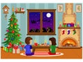 Decorated room for the new year and Christmas with people waiting for the holiday. Vector illustration on a holiday theme with a