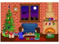 Decorated room for the new year and Christmas with people waiting for the holiday. Vector illustration on a holiday theme with a