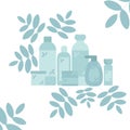Decorated set of bottles and jars of care cosmetics and cleansers