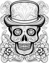 Decorated skull with hat around, flowers. For the day of the dead and halloween. Black and white picture coloring book Royalty Free Stock Photo