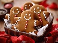 Decorated smiling gingerbread men cookies nestled in a bowl. Generative AI Royalty Free Stock Photo