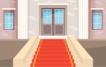 Decorated stairs and pedestal for rewarding ceremony. Red carpet velvet at entrance to building